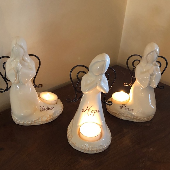 ✨SALE Set of 3 Angel Porcelain tea light Candle Holders Believe Hope Peace NIB - Picture 2 of 12